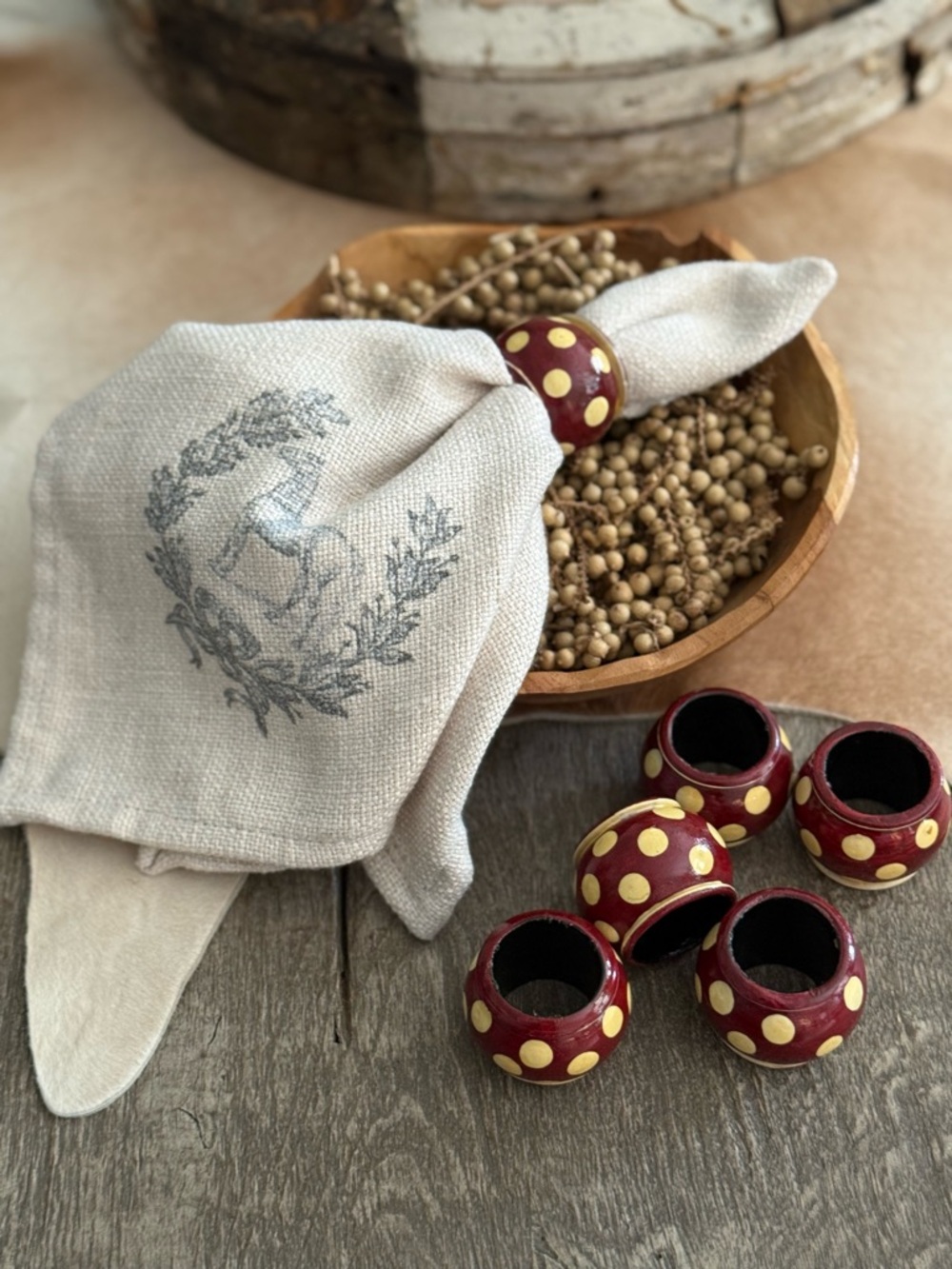 Hand-Painted Red Polka Dot Wooden Napkin Rings - Set of 6